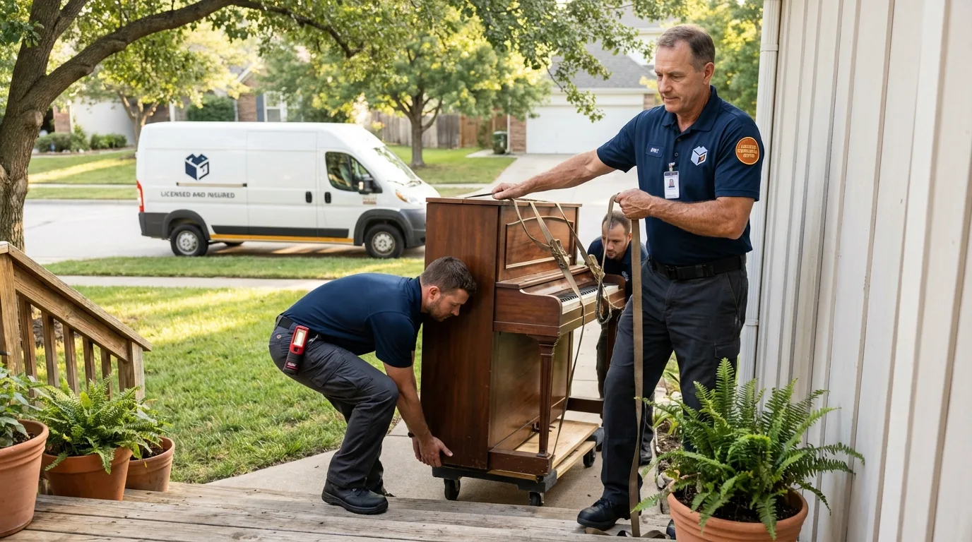 Licensed piano movers securing grand piano in Redwood Falls, MN