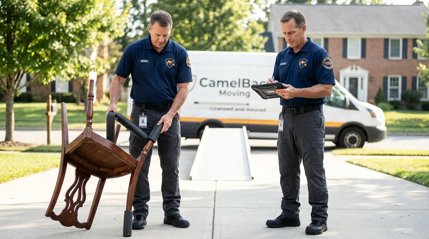 Movers inspecting furniture for damage prevention before loading in Redwood Falls, MN