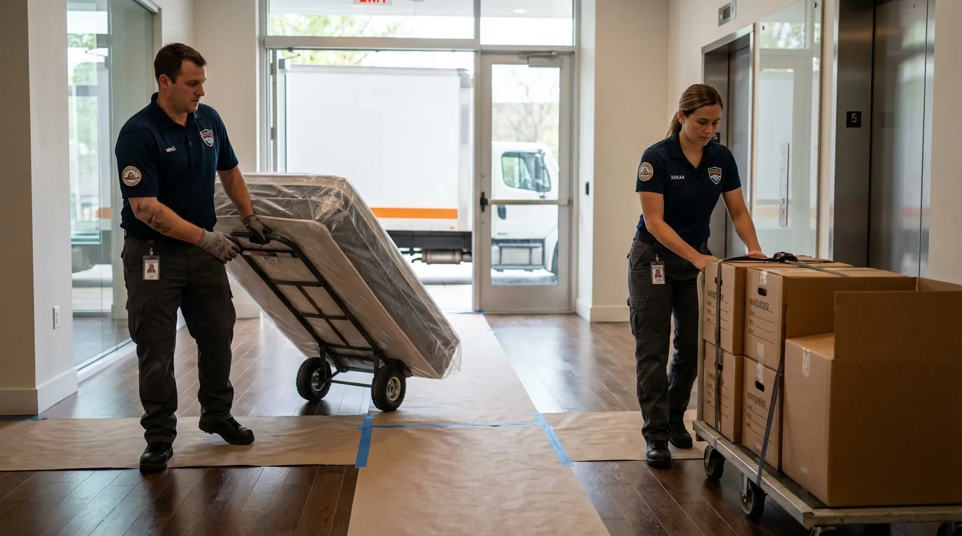 Professional apartment movers loading elevator in Redwood Falls, MN