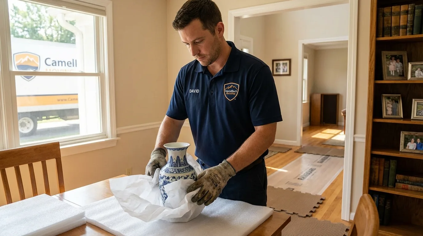 Professional crew carefully wrapping antique vase for senior downsizing move in Redwood Falls, MN